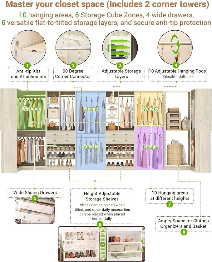 Besiost Closet System with 4 Drawers & Corner Tower, Closet Organizer System with 10 Hanging Robs, Reversible U Shaped Walk-in Closet System, Load 3600+LBS Capacity, Set of 4, Greige Oak