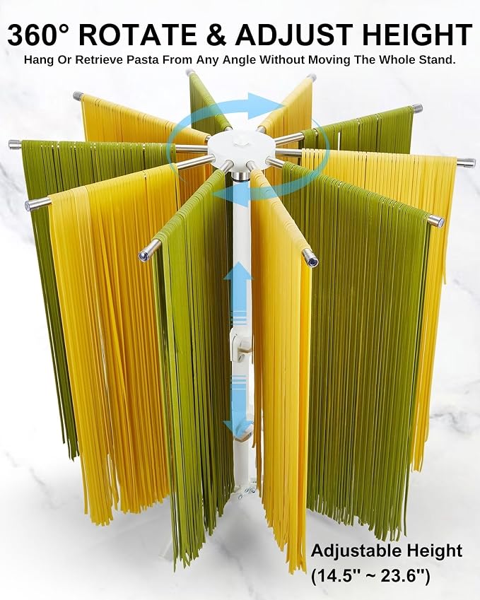 Pasta Drying Rack Collapsible, Large Noodle Dryer Foldable | 360° Rotating, Adjustable Height(14.5"-23.6"), 304 Stainless Steels Arm with Ravioli Wheel for Fresh Pasta Spaghetti