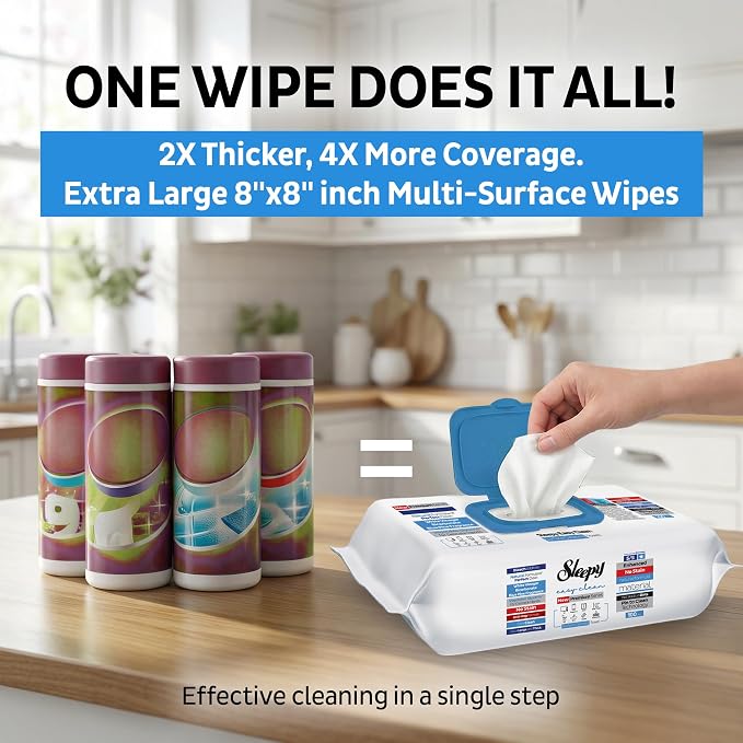 Sleepy Easy Clean XL Heavy Duty Cleaning Wipes (600 Count) – Chlorine-Free Bleach & Vinegar Formula – Large 8"x8" Multi Surface Scrubbing Wipes for Bathroom, Grout, Tile, Glass, Carpet Spots & Stain