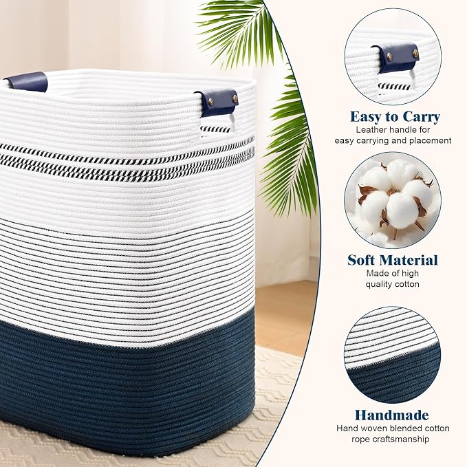 Laundry Hamper, 75L Tall Laundry Basket with Leather Handles, Rectangle Large Clothes Hamper for Organizing, Cotton Woven Laundry Baskets Storage Hampers for Bedroom, Nursery, Living Room