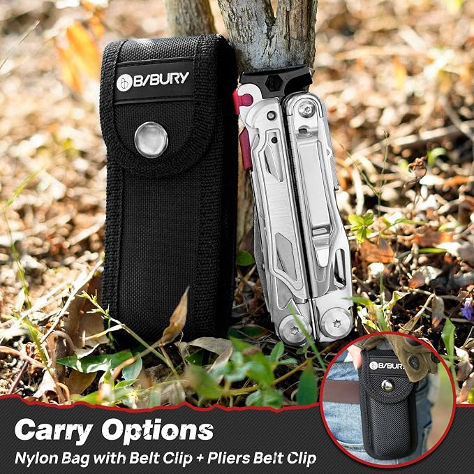 BIBURY 22-in-1 Multitool Pliers With Fire Starter & Whistle, BI2038B | Pocket Knife, Window Breaker, Self-Locking, EDC Multi Tool with Back Clip & Sheath, For Survival Camping Hiking