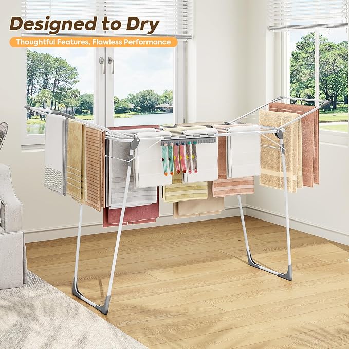 KINGBOARD Clothes Drying Rack, Gullwing Drying Rack with Sock Clips, White | For Family Laundry, Spacious Design with 2 Sturdy Frame Supports, Holds Up to 37lbs, Non-slip Feet, for Indoor/Outdoor Use