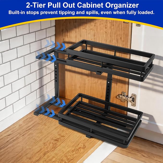 2-Tier Under Sink Organizer, Metal Pull Out Shelf, Black | Carbon steel, ball-bearing pull-out, 6-level adjustable, no-drill setup, for under-sink pipes and bottles