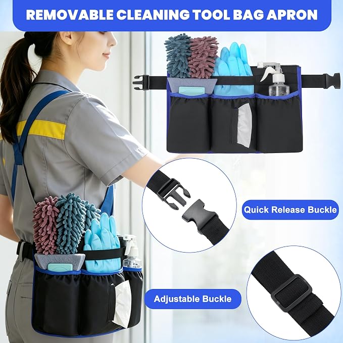 Large Rolling Cleaning Caddy Bag with Detachable Trolley and Shoulder Strap | Large Capacity with Multiple Pockets, Detachable Waist Pouch, Water Resistant Cleaning Supply Organizer Cart for Housekeeper