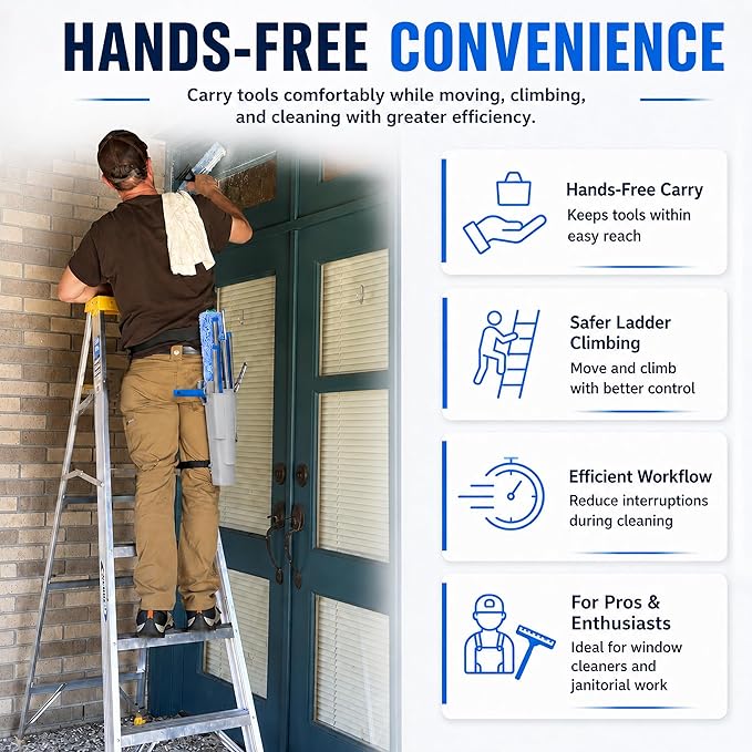 Window Cleaning Holster with Belt and Quick-Connect Leg Strap | Detachable Squeegee Holder Tool, Removable Side Bucket, Multi-Tool Waist Carry Design