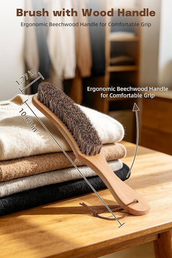 Clothes Brush Horsehair Cleaning Brush Kit for Hats, Wool, Suede, 2 Pack | 100% Horsehair Removes Dust Lint Pet Hair for Cashmere Velvet Suits Shoes Furniture Edges Seams with Wood Handle Storage Bag