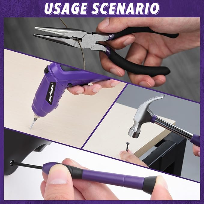 CARTMAN 149PCS Tool Set, Purple Cordless Screwdriver, Home Repair Tool Kit | Complete tool assortment with cordless screwdriver for home repairs, office fixes, furniture setup crafting, and daily tasks.