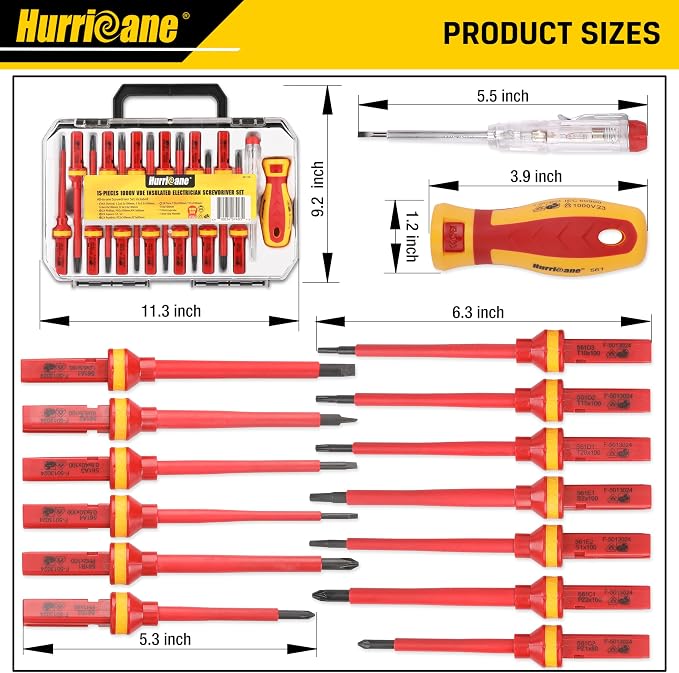 HURRICANE 1000V Insulated Screwdriver Set, 15 Piecse Professional Insulated Electrician Screwdriver Set, CR-V Magnetic Tips, Square(Robertson) Phillips Slotted Pozi Torx Insulated Electrician Tool Kit