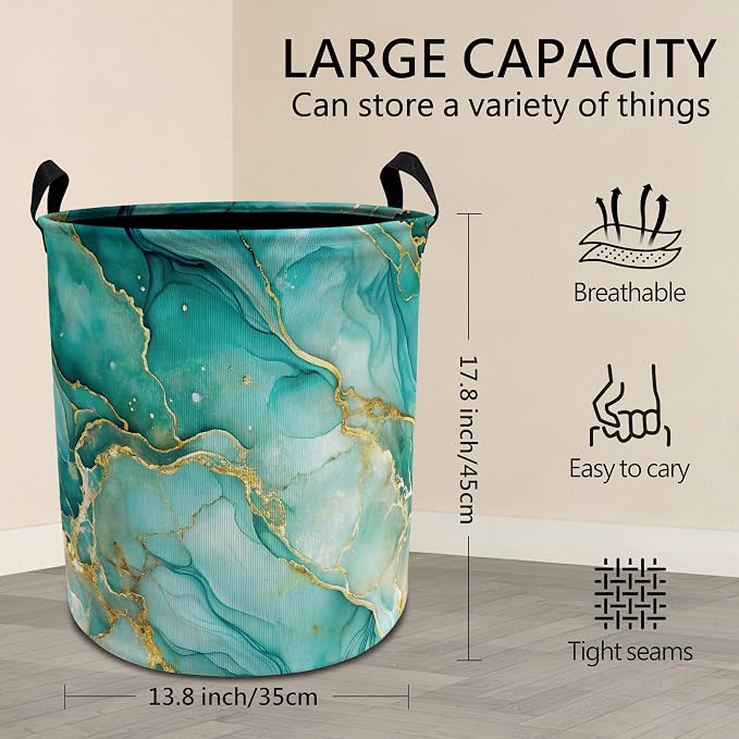 Turquoise and Gold Modern Abstract Laundry Basket with Handles, Luxury Marble Contemporary Collapsible Waterproof Laundry Hamper Clothes Storage Basket for Bedroom Bathroom Home