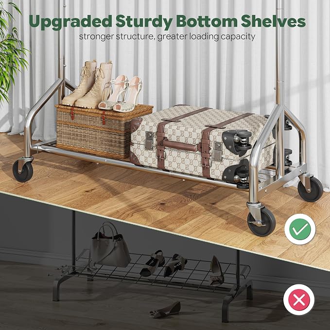 Simple Trending Heavy Duty Clothes Rack Load 420 LBS, Silver | Mesh Storage Shelf, 360° Lockable Wheels, Clothes Hanger for Bedroom, Laundry Room