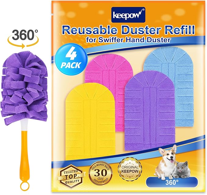 KEEPOW 4 Pack Reusable Duster Refill Compatible with Swiffer Hand Duster | Heavy Duty 360 Degree Fleece Duster Refills for Cleaning, Ceiling Fans & Home, Washable Refill Heads (Handle Not Included)