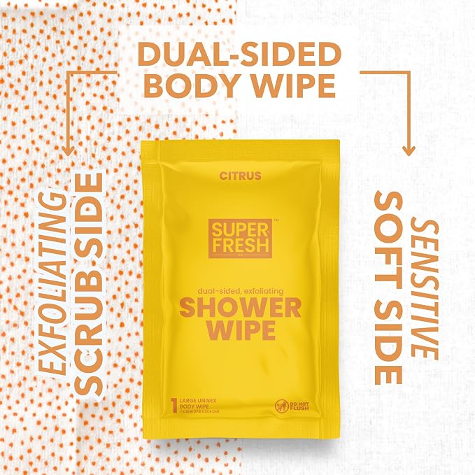 Super Fresh Shower Body Wipes, Travel Essentials for Camping, Large Citrus Wipes for Adults, Women, Men, Kids Personal Hygiene Cloth Enriched with Aloe and Vitamin E, Individually Wrapped 10 Pack
