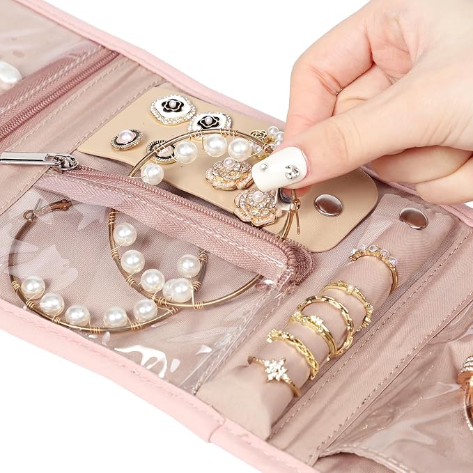 BELALIFE Travel Jewelry Case, Jewelry Organizer Roll for Accessories | Bag with foldable roll design for earrings, necklaces, rings, bracelets and brooches,Pink