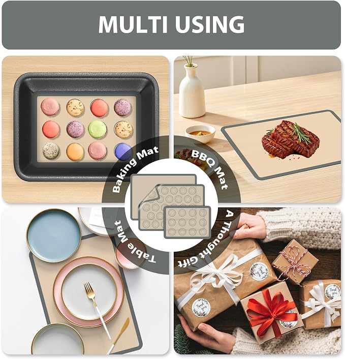 Macaron Silicone Baking Mats, 3 PCS Non Stick Macaroon Mat Silicone for Macarons, Cookie, Pastry, Gray