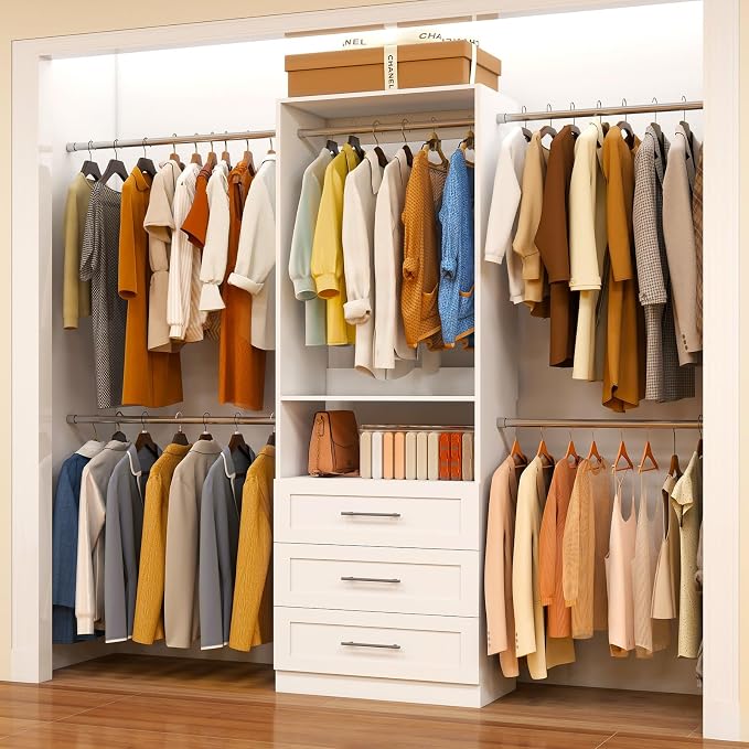 Closet System, 4FT-9FT Closet Organizer System with 3 Wooden Drawers Walk-in Closet Storage System with 5 Expandable Hanging Rods Wall Mount White