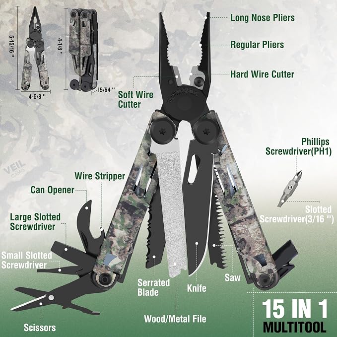 FLISSA 15-in-1 EDC Multitool Pliers with Sheath, Pocket Knife | Stainless Steel with Knife, Saw and Screwdrivers. Nylon Carry Case for Camping Fishing Survival, EDC Gear, Camo Finish