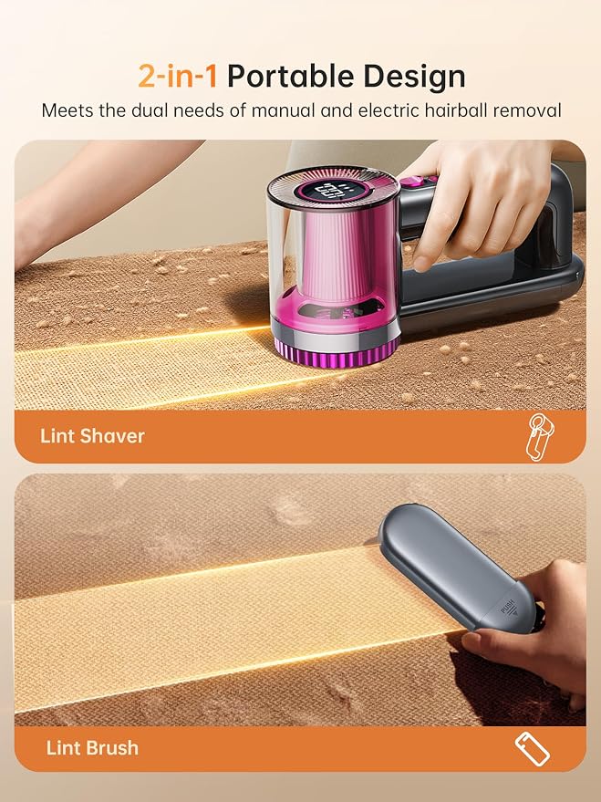 2-in-1 Rechargeable Fabric Shaver & Lint Remover,1800mAh | 3-Speed Lint Shaver with Digital LED Display, Type-C Fast Charging Port, Portable for Clothes, Furniture, Couches, Blankets