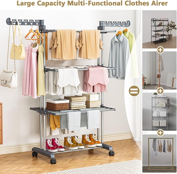 Reinforced Clothes Drying Rack Foldable, 4-Tier Drying Rack with Wheels | Heavy Duty Foldable Laundry Drying Rack for Indoor Outdoor Air Drying, Ideal for Large Families, 19.68"D x 29.92"W x 67.70"H