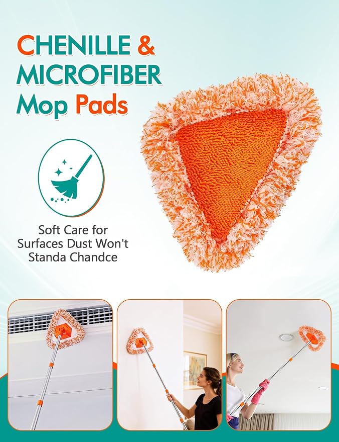 Ceiling Fan Cleaner Duster Kit, 4-in-1 with 76" Extendable Handle | 180° Rotating Head for Fan Blades, Blinds, Walls and Dusting, Wall Cleaner Mop Feather Duster Cleaning Kit
