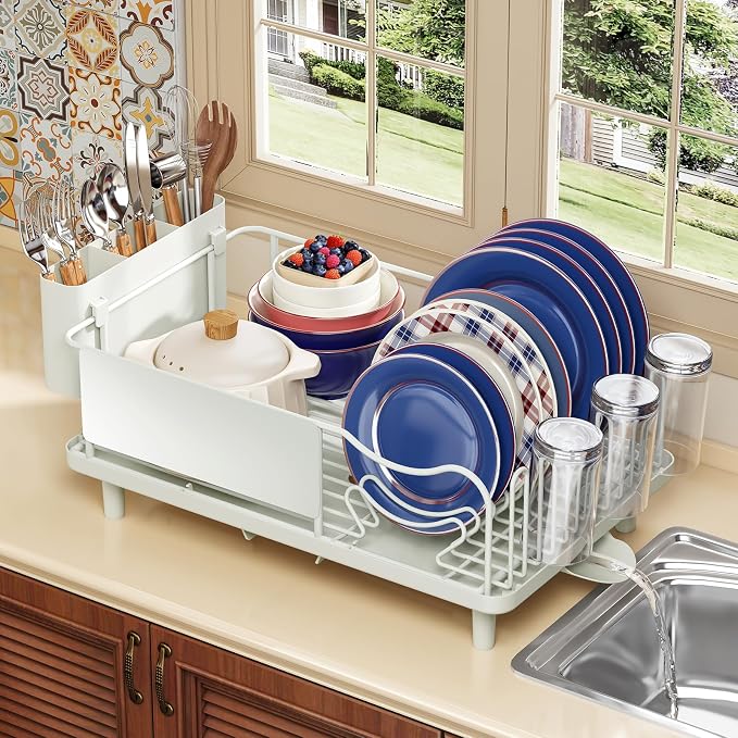 Dish Drying Rack Large Capacity - Stainless Steel Dish Rack for Kitchen Counter with Drain Board, Rustproof Dish Drainer with Auto Drain Spout, Utensil Holder & Glass Holder, Dinnerware Organizer
