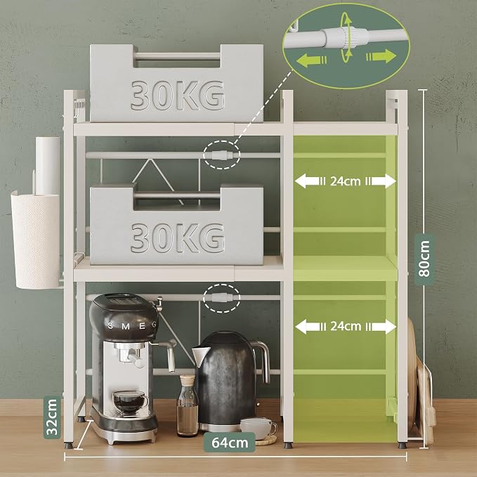 NETEL 3 Tier Expandable Microwave Stand countertop,Microwave Oven Rack | microwave shelf with Paper Towel and Chopping Board Holder, storage shelf for appliances,55 Lbs load Per Tier,White