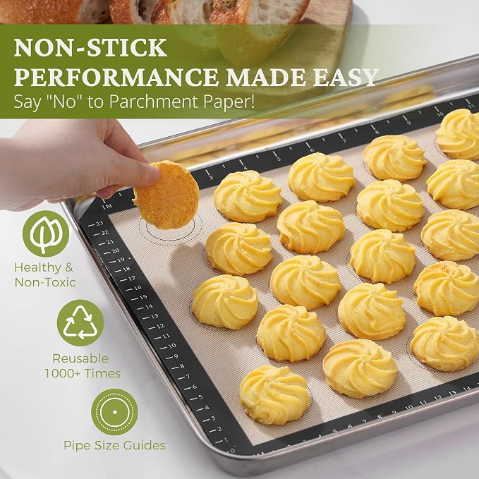 BRONYPRO 18/8 Stainless Steel Baking Sheet Set (2 Pans + 2 Mats+ 2 Racks) | Uncoated Cookie Sheets with Wire Rack & Macaron Silicone Mats, Non-Toxic (PFOA & PTFE Free), 16 In Jelly Roll Trays for Oven