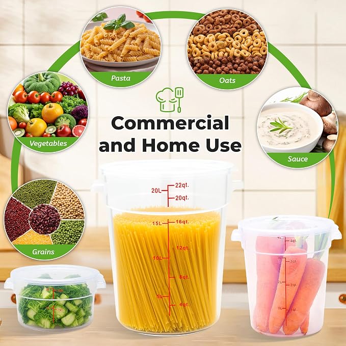 BIEAMA 4 Pack 4 Qt Round Food Storage Containers with Lids, Translucent PP | Include lids, labels, measuring cups and containers with capacity markings for food prep, pantry storage and dough proofing.