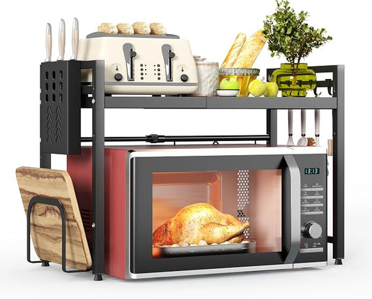 NETEL 2 Tier Expandable Microwave Stand countertop,Microwave Oven Rack | microwave shelf with Cutting Board Holder and Knife Holder, storage shelves for pans &appliances,8 Hooks,55lbs max load,Black