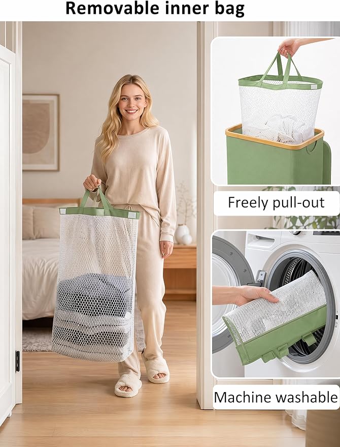 IEGrow Laundry Hamper with Lid,110L Laundry Basket with Mesh Bag,Green | Dirty Clothes Hamper Basket with Bamboo Handle for Clothes Towels Organization