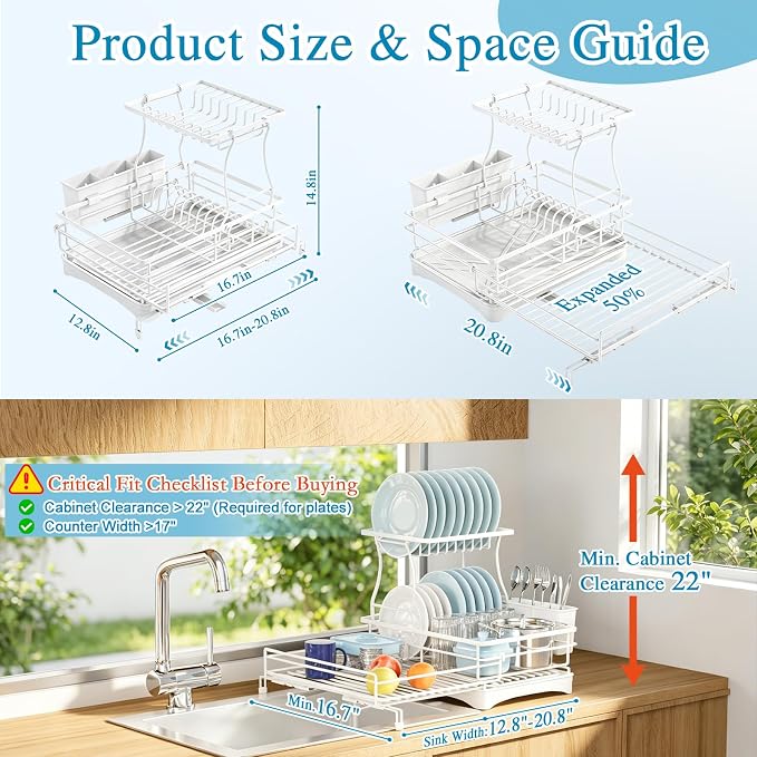 2 Tier Dish Drying Rack, Large Extendable Dish Racks for Kitchen Counter , Dishrack with Drainboard, 2-in-1 Anti-Rust Stainless Steel Dish Drainer with Utensil Holder (White, double of Dish Rack)