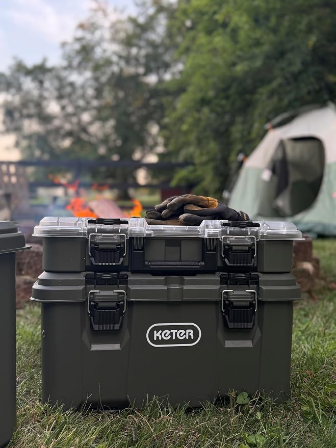 Keter Stack-N-Roll Outdoor Gear Organizer, 3-Piece Rolling Storage System | For Camping, Fishing Tackle, Hunting Equipment & RV Accessories, Modular Waterproof Tool Box with Wheels