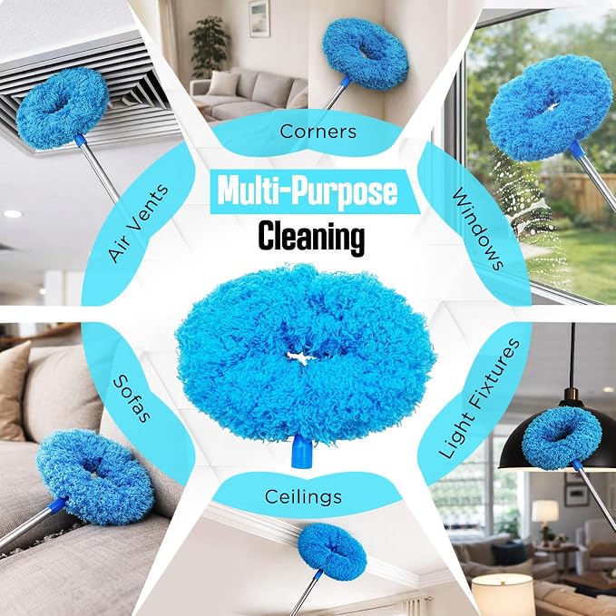 Ceiling Fan Cleaner Duster with Extension Pole, 12 to 51 Inch Duster Length, Reusable Microfiber Dusters for Cleaning Fan Blades, Cobwebs, Walls, Windows & High Ceilings, Removable, Blue