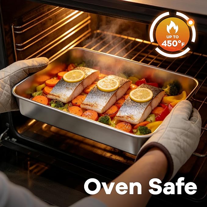 LIANYU Stainless Steel Rectangular Baking Pan, 12⅓ x 9¾ x 2 Inch Commercial Cake Pan with Lid Set of 4, Metal Lasagna Brownie Bakeware Set, Healthy & Dishwasher Safe (4 Pan +4 Lid)