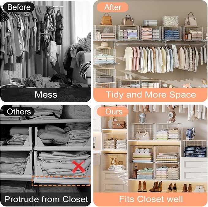 6 Pack Extra-Long Closet Organizers and Storage with Top Board, Stackable Closet Shelf Organizer, Double Storage Design, Clothes Storage Cube/Bin/Basket for Wardrobe, Space-Saving, White,Sturdy,Metal