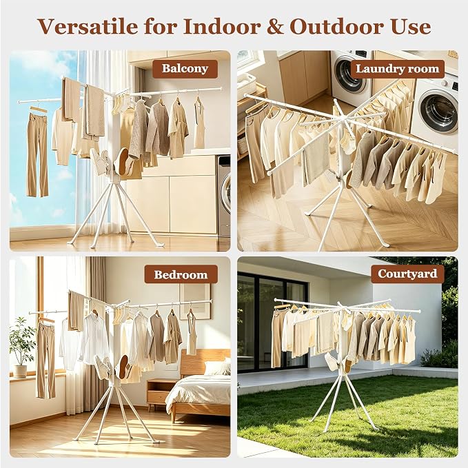 Adjustable Collapsible Umbrella Style Clothes Drying Rack, 4Legs6Telescopic Arms, Space-Saving Freestanding Laundry Airer with Windproof Clips, Easy Setup Indoor Outdoor (White-Plastic)