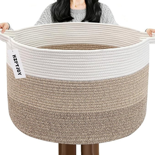 65L Large Blanket Basket,Woven Rope Laundry Basket-Mix Brown | Collapsible Nursery Storage Bin with Sturdy Handles, Organizes Clothes, Toys and Pillows for Living Room, Bedroom, Bathroom