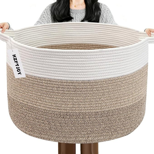 115L Extra Large Blanket Basket,Woven Rope Laundry Basket-Mix Brown | Collapsible Nursery Storage Bin with Sturdy Handles, Organizes Clothes, Toys and Pillows for Living Room, Bedroom, Bathroom