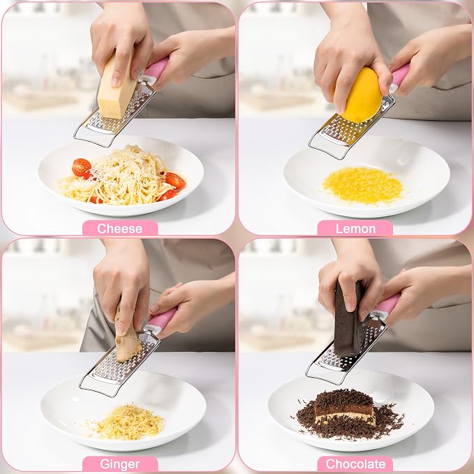 Rainspire Professional Cheese Graters for Kitchen Stainless Steel Handheld, Metal Lemon Zester Grater With Handle For Cheese, Chocolate, Spices, Kitchen Gadgets And Tools, Soft Grip Handle, Pink