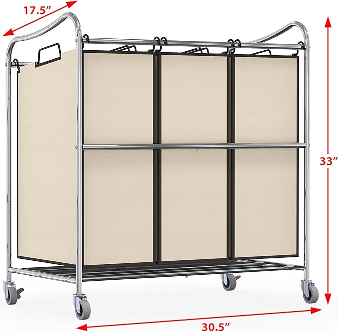 Simple Houseware Heavy Duty 3-Bag Laundry Sorter Rolling Cart, Chrome | Removable Bags and Lockable Wheels for Laundry Room Organization