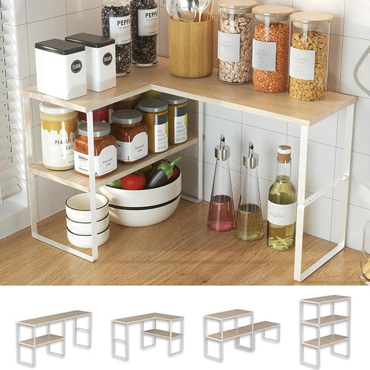 Golener Kitchen Counter Organizer, Countertop Shelf, Adjustable, Stackable | Kitchen Countertop Organizer, Spice Rack, 2-Tier Countertop Shelves, Corner Desk Shelf, Corner Counter Shelf, Natural Beige