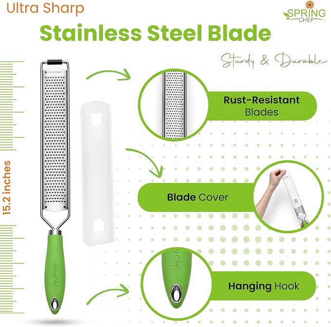 Spring Chef Stainless Steel Lemon Zester Grater with Handle - Garlic, Cheese, Parmesan, Nutmeg, Lime, Ginger Grater - Heavy Duty Kitchen Tool - Citrus Zester with Blade Cover - Fine Shred - Green