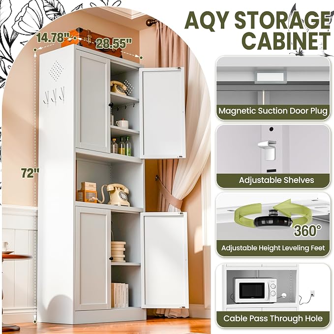AQY Kitchen Pantry Cabinet,72" White Pantry Cabinet 3-Tier Adjustable Shelves 4 Doors, Freestanding Cupboard with Microwave Stand, Metal Cabinet with Handle for Living Room Kitchen Assembly Required