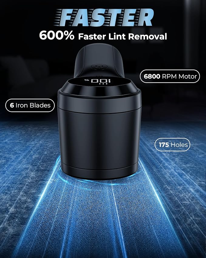 FrSara Fabric Shaver, Rechargeable Lint Remover, 3-Speed Electic Lint Shaver, 6-Blade Sweater Shavers to Remove Pilling, Battery Powered with LED Display for Furniture,Clothes, Upholstery, Black