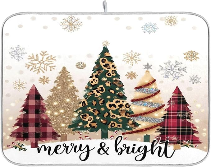 Christmas Tree Golden Dish Drying Mat for Kitchen Countertop 16x18 Winter Snowflake White Xmas Small Drying Mat Reusable Quick Dry Dish Sink Mats Easy Clean Decorative Essentials