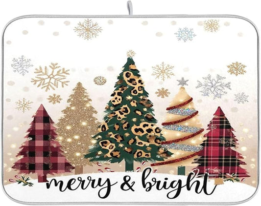 Christmas Tree Golden Dish Drying Mat for Kitchen Countertop 16x18 Winter Snowflake White Xmas Small Drying Mat Reusable Quick Dry Dish Sink Mats Easy Clean Decorative Essentials