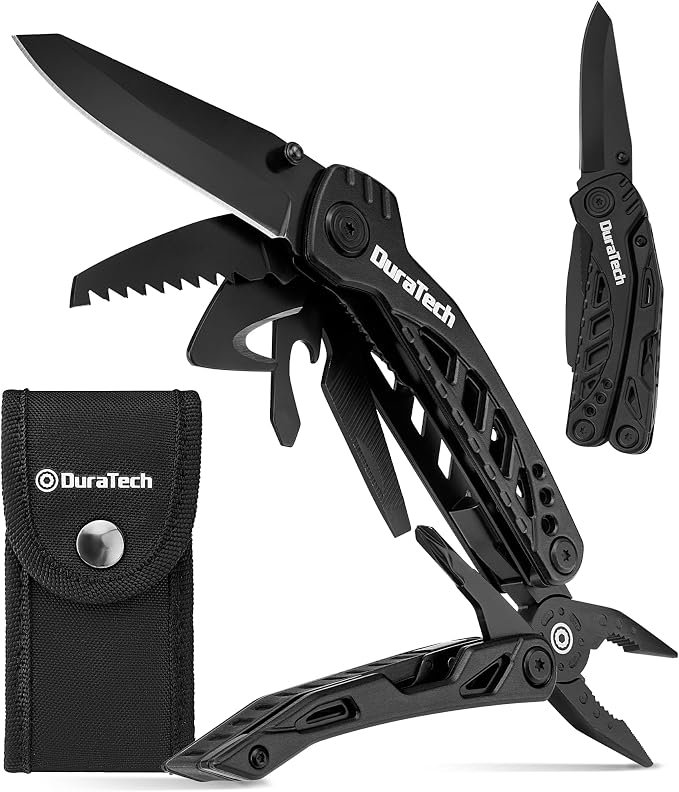 DURATECH 11-In-1 Multitool Knife, Multi Tool Pocket Knife, EDC Multi-Tool | Gift for Men, Stainless Steel, Large Blade, Pliers, Screwdrivers, Saw, Oxford Sheath, For Outdoor, Camping, Survival