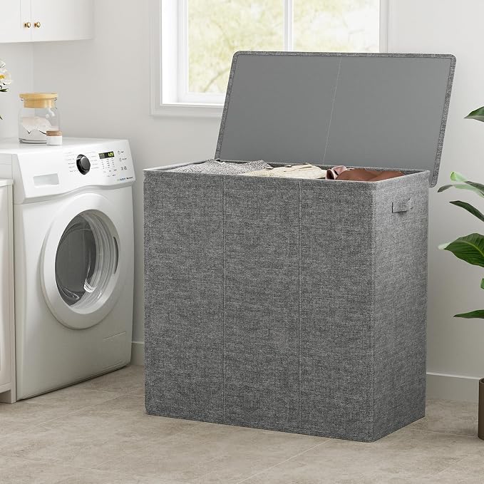 WOWLIVE 180L Laundry Hamper 3 Section, Large Laundry Basket with Lid | Dirty Clothes Hampers with Removable Bags and Handles, Collapsible Laundry Basket Organizer for Dorm Room, College, Grey