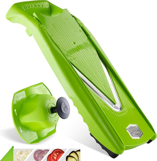 Börner Mandoline Slicer V5 (Basic Set) • Vegetable V-Slicer for Slices in 4 Thickness Settings • Stainless Steel V-Blade • Adjustable Kitchen Slicer for Vegetables & Fruits • Color: Green