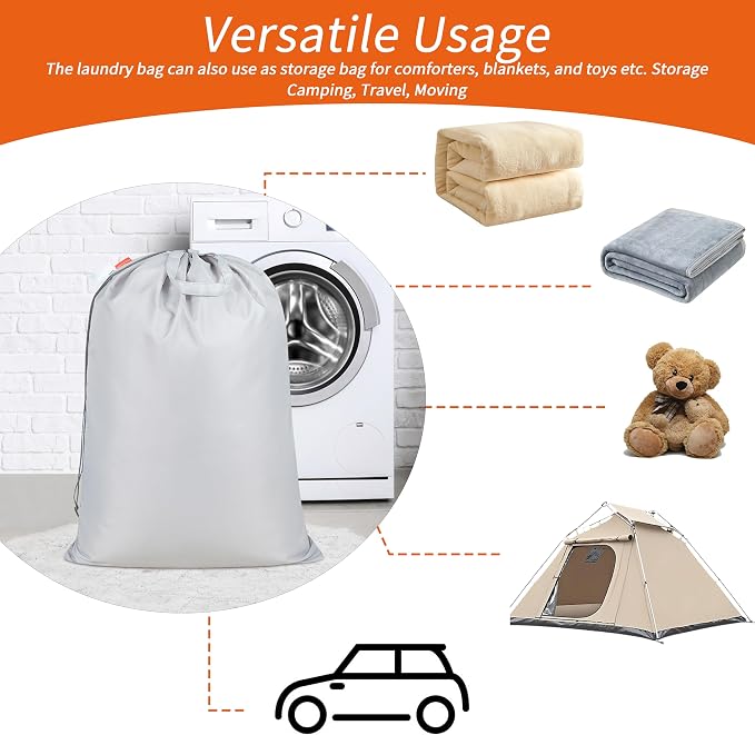 Extra Heavy-Duty Laundry Bag with Handles, Silver, 28x36" | Extra Large, Machine Washable, Reinforced Handles, Drawstring Closure, Name ID Tag, For College Dorm Travel