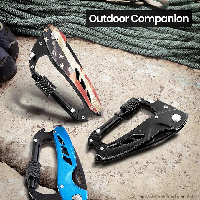 FUNBRO Multitool Carabiner Knife Tools for Men, Bottle Opener | Cool Gadgets Gear with Folding Knives, Window Breaker and Screwdriver for Hiking Camping, 7-in-1 Edc Multi Tool (usa Flag)